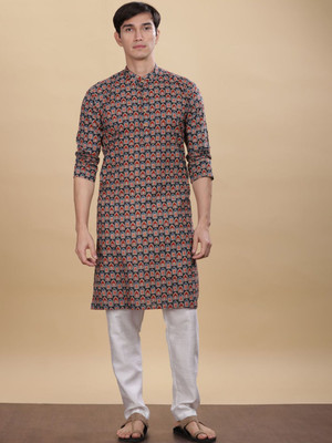 ANOUK Men Abstract Straight Kurta(Black)