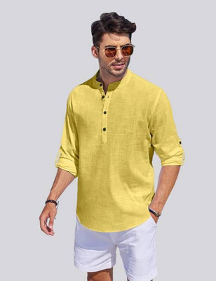 FRELURO Men Solid Straight Kurta(Yellow)