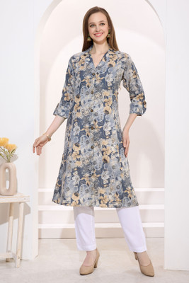 Keshubaba Women Printed Straight Kurta(Grey)