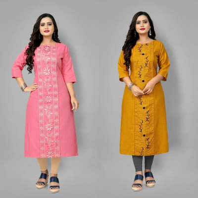 Ladylaz Women Embroidered Straight Kurta(Yellow)