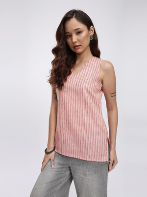 Anouk Rustic Women Striped Straight Kurta(Pink)