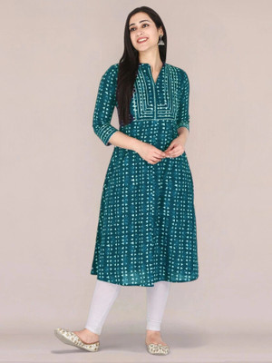 Kannahi Women Printed A-line Kurta(Dark Green, White)