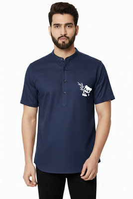 GAINELL Men Printed Straight Kurta(Dark Blue)