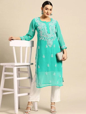 Neelam Chikan Women Chikan Embroidery Straight Kurta(Light Green, White)
