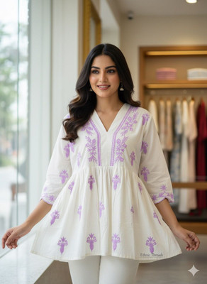 Modernvision Women Embroidered Tunic Kurta(White)