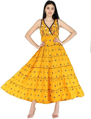 HouseOfCommon Women Printed Flared Kurta(Yellow)