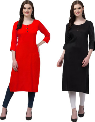 Coft Women Solid Straight Kurta(Red, Black)