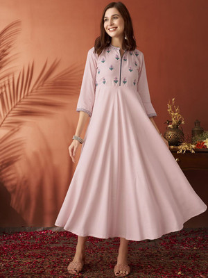 ANOUK Women Embroidered A-line Kurta(Pink)