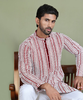 Jompers Men Embroidered Straight Kurta(Maroon, White)