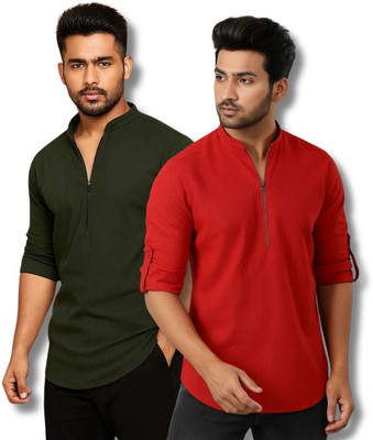 ClothTheory Men Solid Straight Kurta(Green, Red)