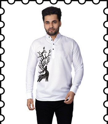 Kavyangle Creation Men Animal Print Straight Kurta(White)