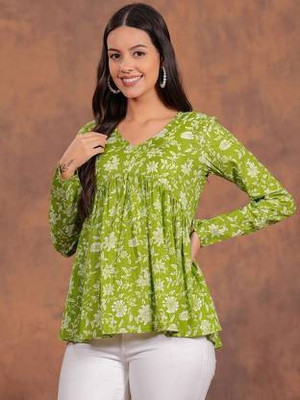 ARZOO Casual Floral Print Women Green Top