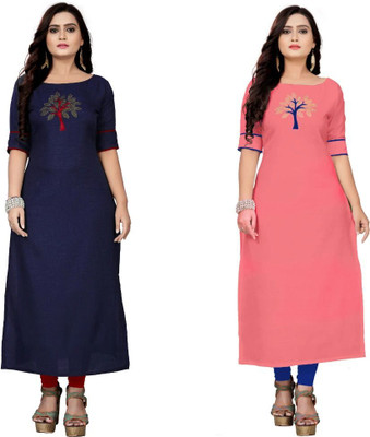 Fentin Enterprise Women Patchwork Straight Kurta(Dark Blue, Pink)