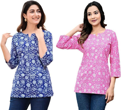 GURUFASHIONS Women Printed Straight Kurta(Blue, Pink)