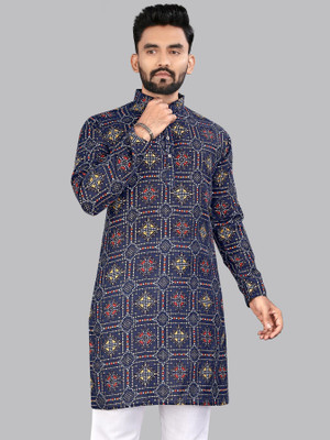 Divastri Men Printed A-line Kurta(Dark Blue)