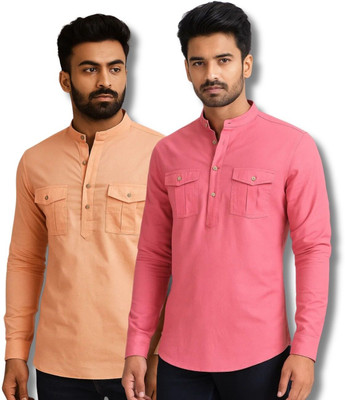 MAHIRAN Men Solid Straight Kurta(Orange, Pink)
