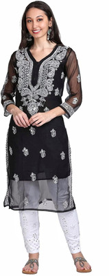 SMAfashion Women Chikan Embroidery A-line Kurta(Black)