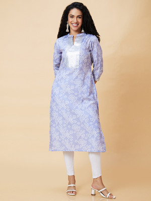 Globus Women Printed Straight Kurta(Blue)