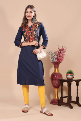 Kaina Creations Women Embroidered, Floral Print Straight Kurta(Blue)