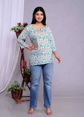 GURU TEXTILESS Women Printed A-line Kurta(Blue)