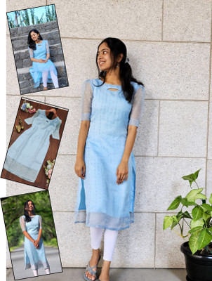 Vasudha Fashion Hub Women Solid, Embroidered, Self Design, Striped A-line Kurta(Blue)