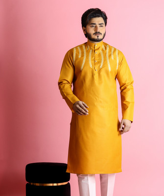 Tibra Collection Men Embroidered Straight Kurta(Yellow)