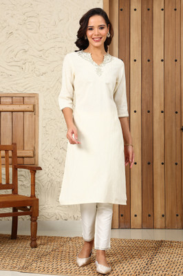 W Women Striped Straight Kurta(White)