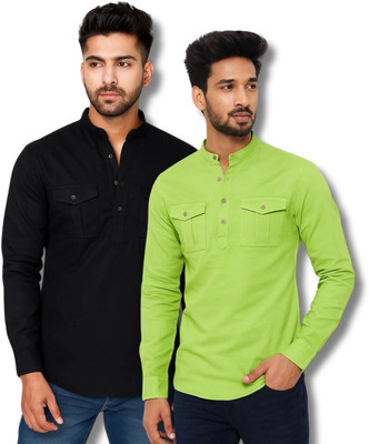 EchoWear Men Solid Straight Kurta(Black, Light Green)