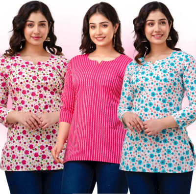 VROEGER Women Printed, Striped Straight Kurta(Pink, Green, Multicolor)