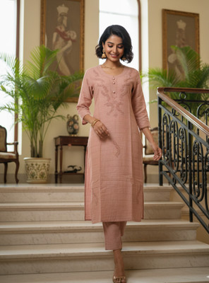 unstitch Women Embroidered A-line Kurta(Pink)