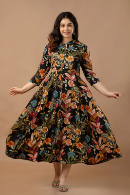 Tejal Textile Women Printed Anarkali Kurta(Silver)