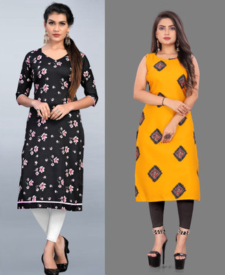 Hiral Creation Women Printed Straight Kurta(Yellow, Black)