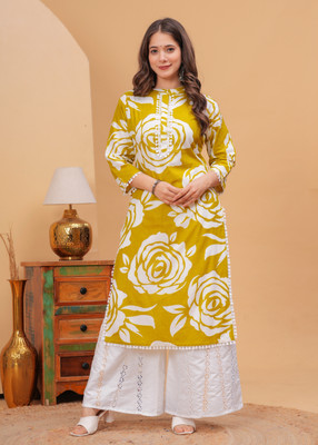 NAHIKO Women Printed Straight Kurta(Yellow)