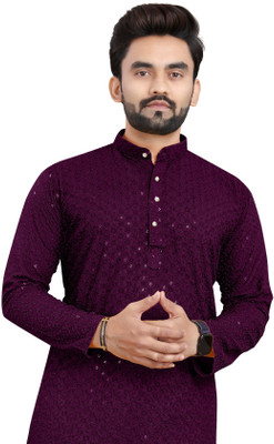 TRUST OUS Men Embroidered Straight Kurta(Purple)