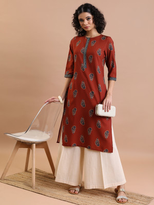 Vishudh Women Printed Straight Kurta(Maroon, Black, White)