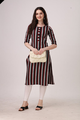 VIVIDH CREATIONS Women Striped A-line Kurta(Black, Grey, Red)