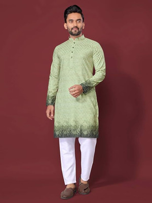 Atulya Men Printed Straight Kurta(Green)