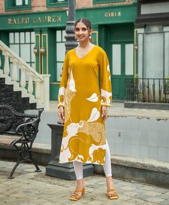 MOJILAA Women Printed Straight Kurta(Yellow)