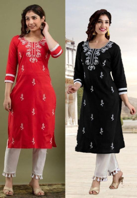 vikshi Women Chikan Embroidery Straight Kurta(Multicolor)