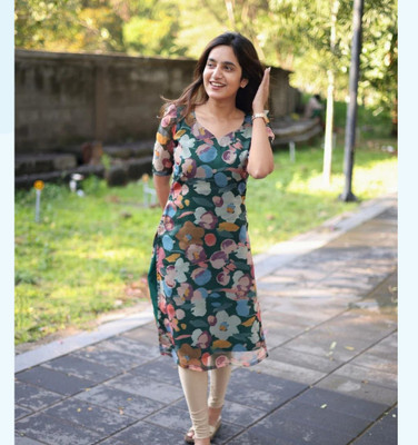 Vraj Enteprise Women Printed Straight Kurta(Green)