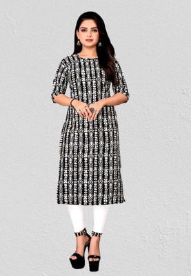 Tathastu Women Printed A-line Kurta(Black, White)