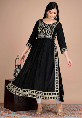 JFT Jaipur Fabtex Women Printed A-line Kurta(Black)