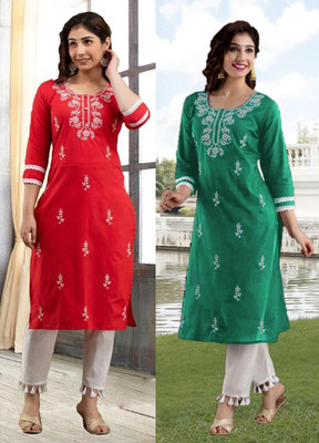 vikshi Women Embroidered Straight Kurta(Multicolor)