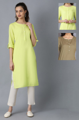 W Women Solid Straight Kurta(Green)