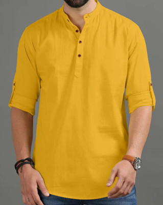 Apektra Men Solid Straight Kurta(Yellow)