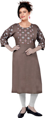 R KANISHKA Women Printed Straight Kurta(Brown)