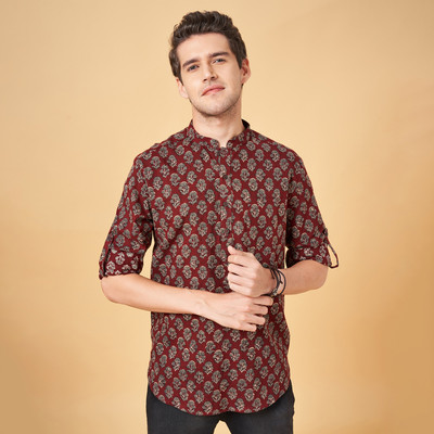 Indus Route by Pantaloons Men Printed A-line Kurta(Maroon)