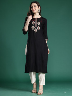 Indo Era Women Embroidered Straight Kurta(Black)