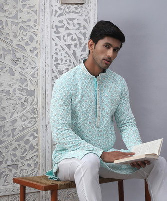 Jompers Men Embroidered Straight Kurta(Blue)