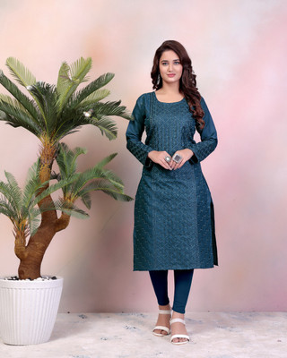 tapsi creation Women Embroidered, Self Design Straight Kurta(Dark Blue)